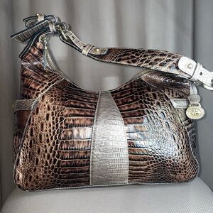 Brahmin “Valentina” Croc Embossed Shoulder Bag | Brown Metallic Statement